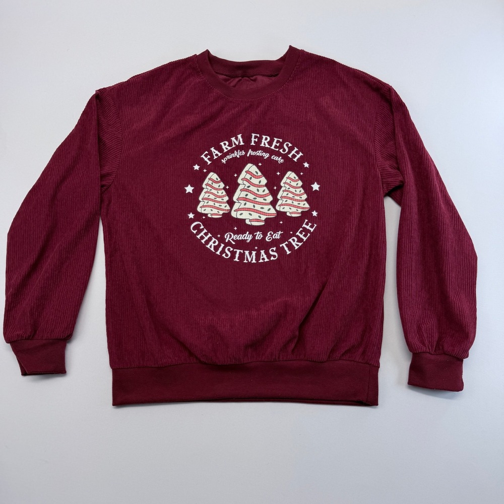 SHEIN Burgundy Corduroy Farm Fresh Christmas Tree Graphic Sweatshirt Medium